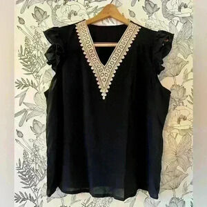 Black Ruffle Sleeved Top with Embroidered V-Neck, size XL